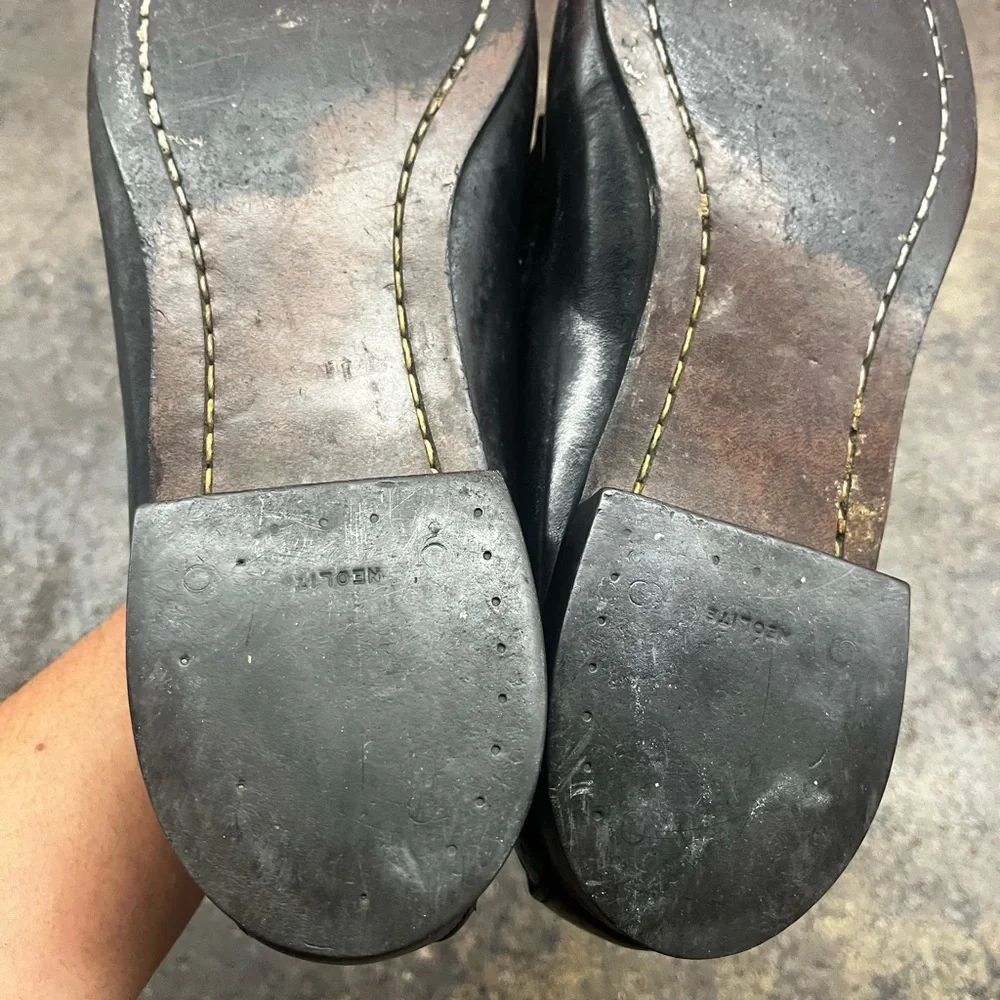 Vtg 90’s Black leather Chunky plain Penny loafers with silver buckle detail - Picture 6 of 7